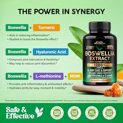 Boswellia 1200 mg - Boswellia-Extrakt mit Kurkuma, Hyaluronsäure, MSM und SAMe - Gelenkgesundheit & Beweglichkeit - 65 % Boswelliasäure - Laborgeprüft - 120 Kapseln