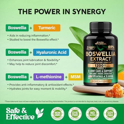 Boswellia 1200 mg - Boswellia-Extrakt mit Kurkuma, Hyaluronsäure, MSM und SAMe - Gelenkgesundheit & Beweglichkeit - 65 % Boswelliasäure - Laborgeprüft - 120 Kapseln
