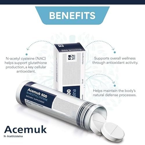 Acemuk N-Acetylcystein - NAC 600 mg - NAC Nahrungsergänzung - Antioxidans & Glutathion-Unterstützung - 20 leicht absorbierbare Tabletten (1 Packung)
