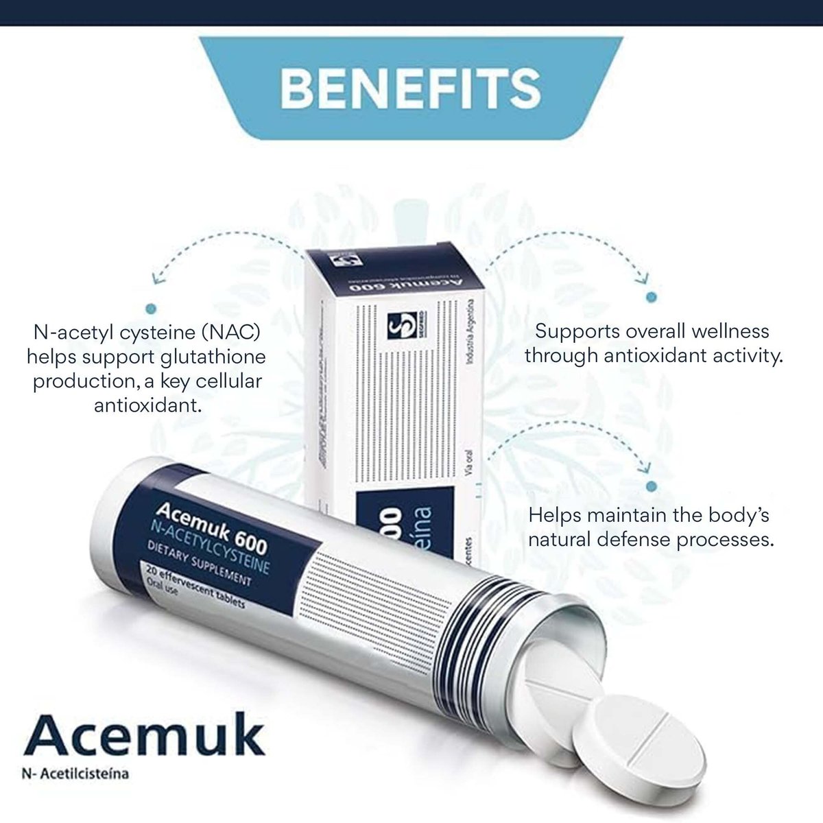 Acemuk N-Acetylcystein - NAC 600 mg - NAC Nahrungsergänzung - Antioxidans & Glutathion-Unterstützung - 20 leicht absorbierbare Tabletten (1 Packung)