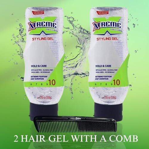 Erbies Xtreme Hair Gel Squeeze (Transparent) 17,64 oz (2er-Pack) mit kostenlosem Kamm – Extremer Halt Styling Gel für starken Halt