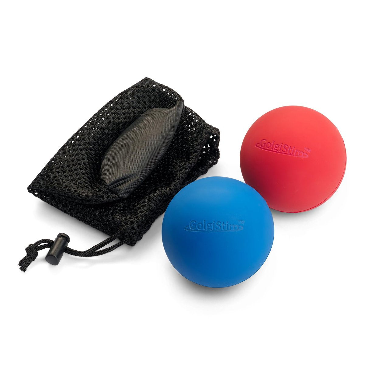 GolgiStim Lacrosse Massage Bälle für Triggerpunkt-Therapie, Muskelknoten, Yoga, myofasziale Entspannung – 2er-Set mit Netzbeutel (Rot und Blau)