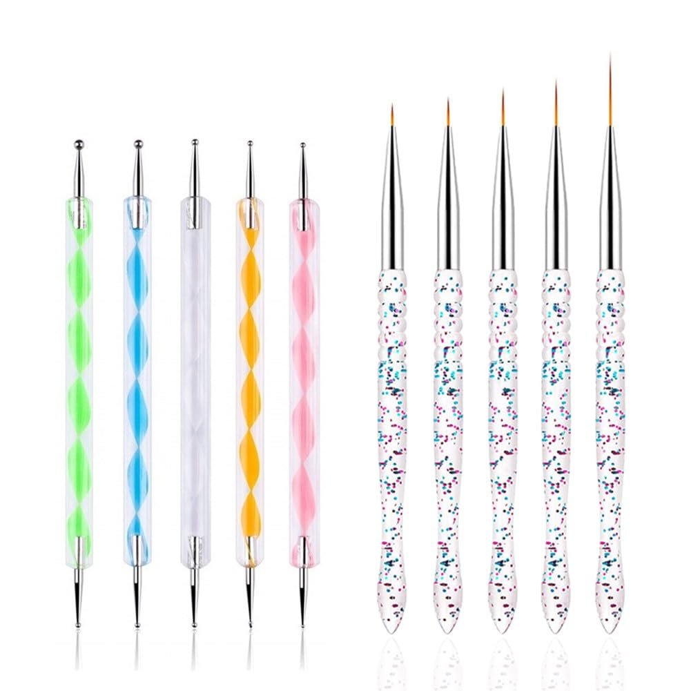 FULINJOY Nagel-Dotting-Werkzeug-Set 10-teilig – 5 Doppelspitzen-Dotter und 5 Nail-Art-Liner-Pinsel für kreative Nageldesigns
