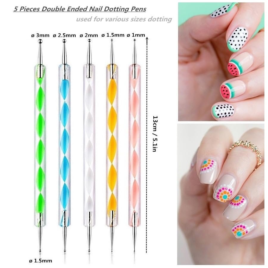 FULINJOY Nagel-Dotting-Werkzeug-Set 10-teilig – 5 Doppelspitzen-Dotter und 5 Nail-Art-Liner-Pinsel für kreative Nageldesigns