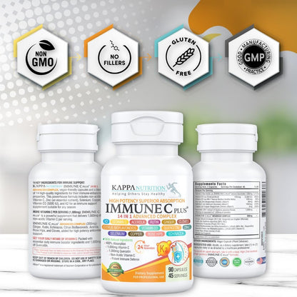 KAPPA NUTRITION Immun C Plus – 14-in-1 Komplex mit Quercetin 1000mg, Vitamin C 1000mg, Zink 50mg, Vitamin D3 5000IE, Selen, Kupfer, Acerola, Ingwer, Rutin, Bitterorange, Hagebutte, Echinacea (60 Kapseln)