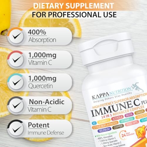 KAPPA NUTRITION Immun C Plus – 14-in-1 Komplex mit Quercetin 1000mg, Vitamin C 1000mg, Zink 50mg, Vitamin D3 5000IE, Selen, Kupfer, Acerola, Ingwer, Rutin, Bitterorange, Hagebutte, Echinacea (60 Kapseln)
