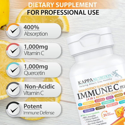 KAPPA NUTRITION Immun C Plus – 14-in-1 Komplex mit Quercetin 1000mg, Vitamin C 1000mg, Zink 50mg, Vitamin D3 5000IE, Selen, Kupfer, Acerola, Ingwer, Rutin, Bitterorange, Hagebutte, Echinacea (60 Kapseln)