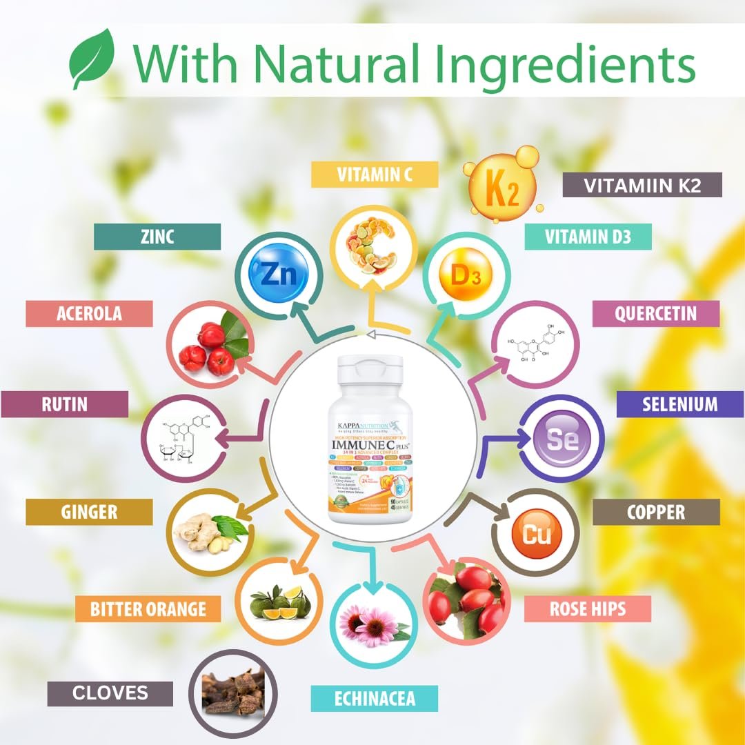 KAPPA NUTRITION Immun C Plus – 14-in-1 Komplex mit Quercetin 1000mg, Vitamin C 1000mg, Zink 50mg, Vitamin D3 5000IE, Selen, Kupfer, Acerola, Ingwer, Rutin, Bitterorange, Hagebutte, Echinacea (60 Kapseln)
