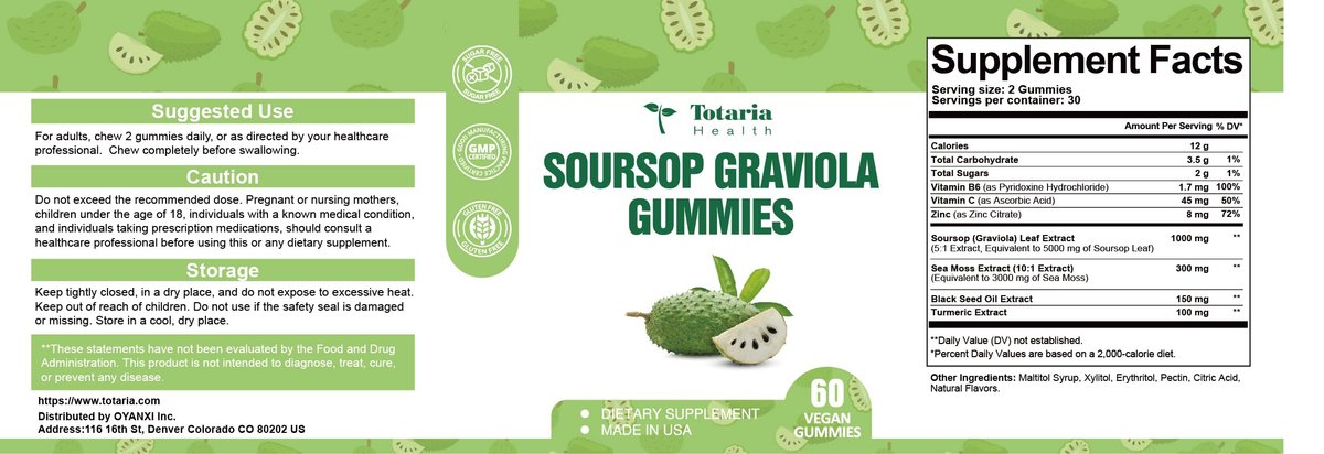 Totaria Zuckerfreie Soursop-Öl Graviola Sea Moss Gummies - Unterstützt Verdauung, Schlaf, Hautgesundheit, Immunität & Antioxidantien - Guanabana-Frucht mit Sea Moss, 150 mg Schwarzkümmelöl, Bio, Nicht-GVO, Vegan