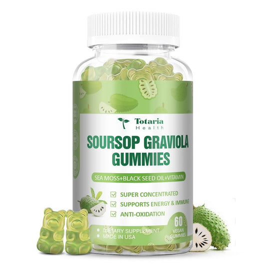 Totaria Zuckerfreie Soursop-Öl Graviola Sea Moss Gummies - Unterstützt Verdauung, Schlaf, Hautgesundheit, Immunität & Antioxidantien - Guanabana-Frucht mit Sea Moss, 150 mg Schwarzkümmelöl, Bio, Nicht-GVO, Vegan