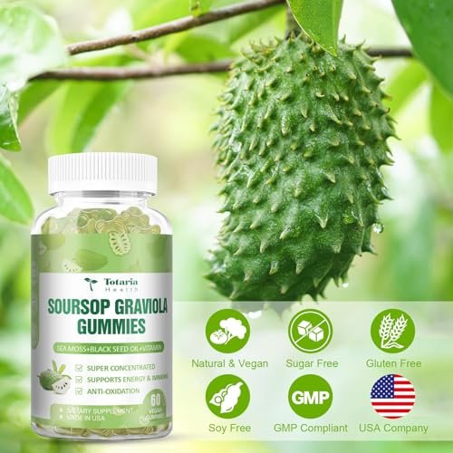 Totaria Zuckerfreie Soursop-Öl Graviola Sea Moss Gummies - Unterstützt Verdauung, Schlaf, Hautgesundheit, Immunität & Antioxidantien - Guanabana-Frucht mit Sea Moss, 150 mg Schwarzkümmelöl, Bio, Nicht-GVO, Vegan