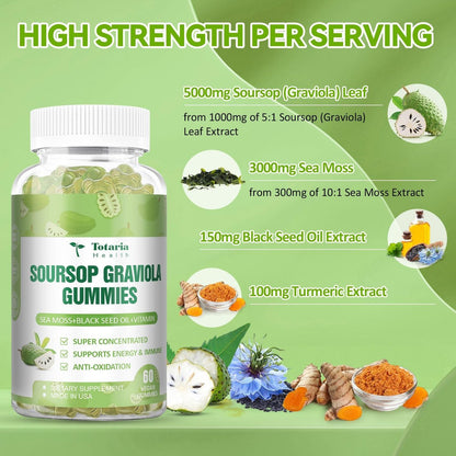 Totaria Zuckerfreie Soursop-Öl Graviola Sea Moss Gummies - Unterstützt Verdauung, Schlaf, Hautgesundheit, Immunität & Antioxidantien - Guanabana-Frucht mit Sea Moss, 150 mg Schwarzkümmelöl, Bio, Nicht-GVO, Vegan