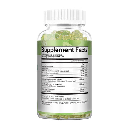 Totaria Zuckerfreie Soursop-Öl Graviola Sea Moss Gummies - Unterstützt Verdauung, Schlaf, Hautgesundheit, Immunität & Antioxidantien - Guanabana-Frucht mit Sea Moss, 150 mg Schwarzkümmelöl, Bio, Nicht-GVO, Vegan
