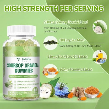 Totaria Zuckerfreie Soursop-Öl Graviola Sea Moss Gummies - Unterstützt Verdauung, Schlaf, Hautgesundheit, Immunität & Antioxidantien - Guanabana-Frucht mit Sea Moss, 150 mg Schwarzkümmelöl, Bio, Nicht-GVO, Vegan