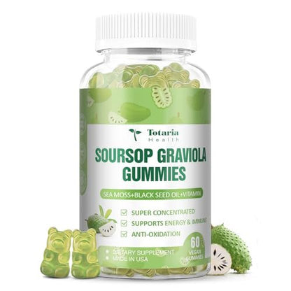Totaria Zuckerfreie Soursop-Öl Graviola Sea Moss Gummies - Unterstützt Verdauung, Schlaf, Hautgesundheit, Immunität & Antioxidantien - Guanabana-Frucht mit Sea Moss, 150 mg Schwarzkümmelöl, Bio, Nicht-GVO, Vegan