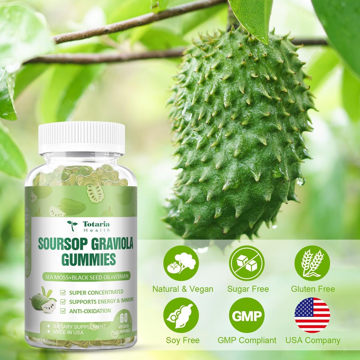 Totaria Zuckerfreie Soursop-Öl Graviola Sea Moss Gummies - Unterstützt Verdauung, Schlaf, Hautgesundheit, Immunität & Antioxidantien - Guanabana-Frucht mit Sea Moss, 150 mg Schwarzkümmelöl, Bio, Nicht-GVO, Vegan