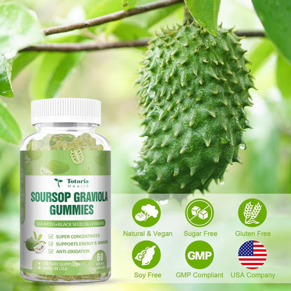 Totaria Zuckerfreie Soursop-Öl Graviola Sea Moss Gummies - Unterstützt Verdauung, Schlaf, Hautgesundheit, Immunität & Antioxidantien - Guanabana-Frucht mit Sea Moss, 150 mg Schwarzkümmelöl, Bio, Nicht-GVO, Vegan