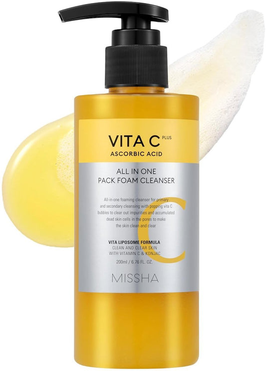MISSHA Vita C All-In-One Bubble Schaum-Gesichtsreiniger 200 ml – Tiefenreinigung der Poren mit 99 % reinem Vitamin C, koreanische Gesichtsreinigung für Make-up, Unreinheiten, Mitesser