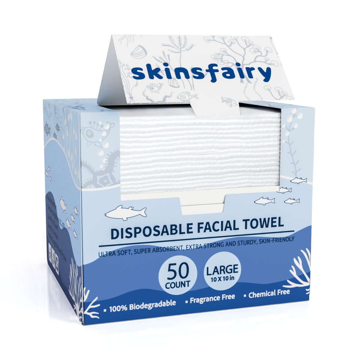 Skinsfairy Einweg-Gesichtstücher, ultraweiche biologisch abbaubare Trockentücher, 50 Stück, 10x10 Zoll große Tücher für Reinigung, Make-up-Entferner, Hautpflege, empfindliche Haut, Pflege, Reisen