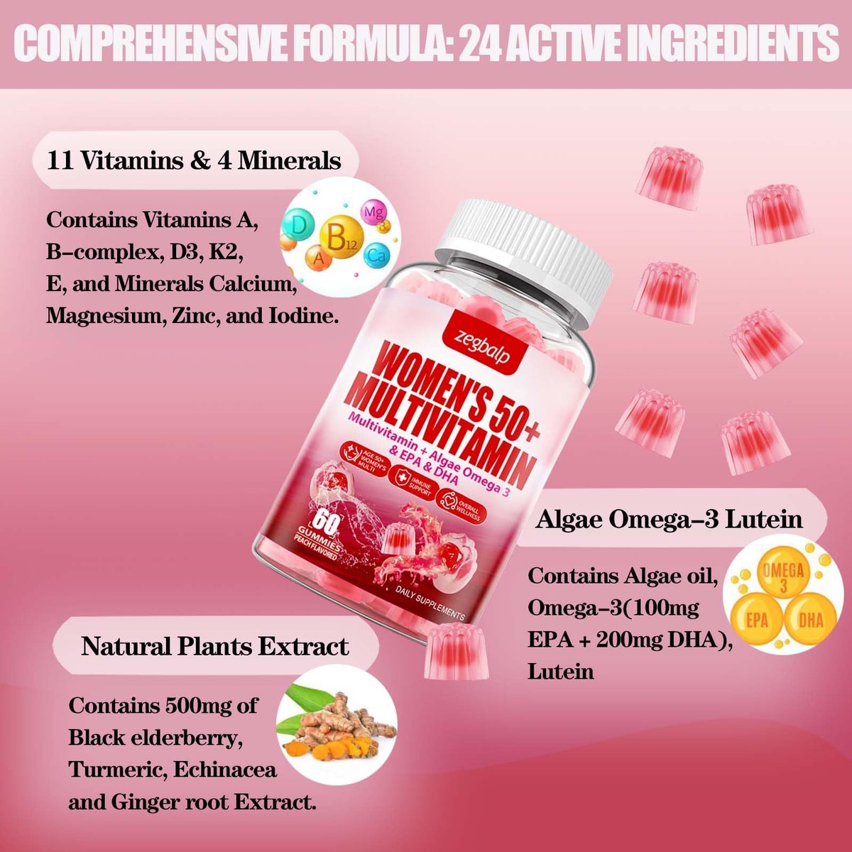 ZEGBALP Zuckerfreie Multivitamin Gummies für Frauen 50+ mit Calcium, Magnesium, Zink, Vitamin A, C, D3, E, K2, B-Komplex, Folsäure, Biotin – Haut, Energie, Immunsystem