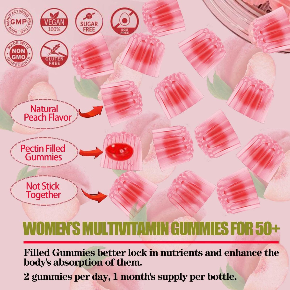 ZEGBALP Zuckerfreie Multivitamin Gummies für Frauen 50+ mit Calcium, Magnesium, Zink, Vitamin A, C, D3, E, K2, B-Komplex, Folsäure, Biotin – Haut, Energie, Immunsystem