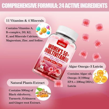 ZEGBALP Zuckerfreie Multivitamin Gummies für Frauen 50+ mit Calcium, Magnesium, Zink, Vitamin A, C, D3, E, K2, B-Komplex, Folsäure, Biotin – Haut, Energie, Immunsystem