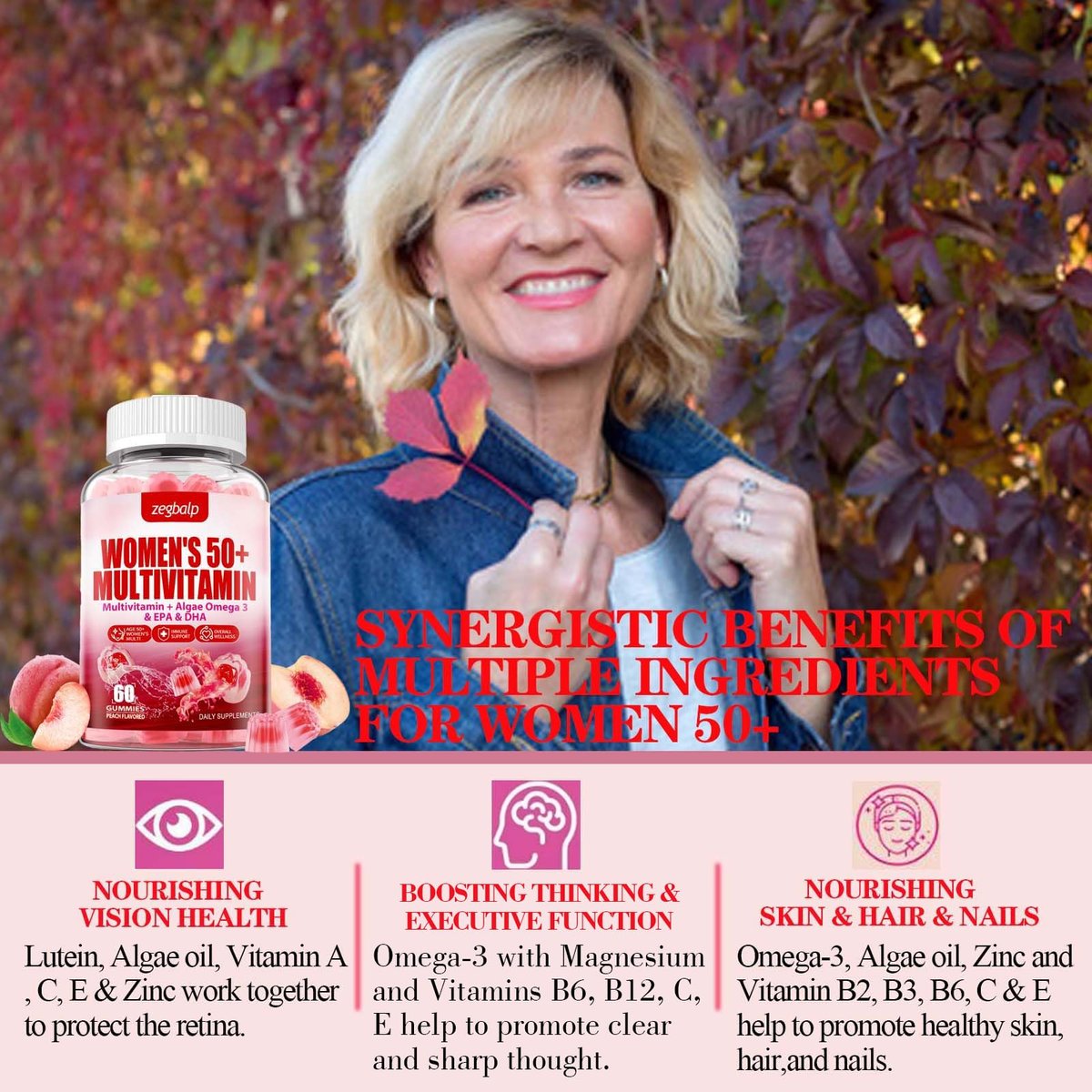 ZEGBALP Zuckerfreie Multivitamin Gummies für Frauen 50+ mit Calcium, Magnesium, Zink, Vitamin A, C, D3, E, K2, B-Komplex, Folsäure, Biotin – Haut, Energie, Immunsystem