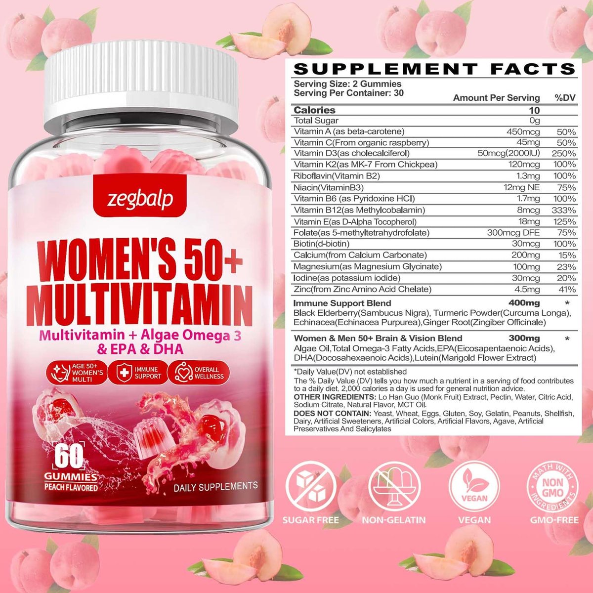 ZEGBALP Zuckerfreie Multivitamin Gummies für Frauen 50+ mit Calcium, Magnesium, Zink, Vitamin A, C, D3, E, K2, B-Komplex, Folsäure, Biotin – Haut, Energie, Immunsystem