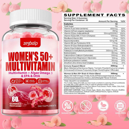 ZEGBALP Zuckerfreie Multivitamin Gummies für Frauen 50+ mit Calcium, Magnesium, Zink, Vitamin A, C, D3, E, K2, B-Komplex, Folsäure, Biotin – Haut, Energie, Immunsystem