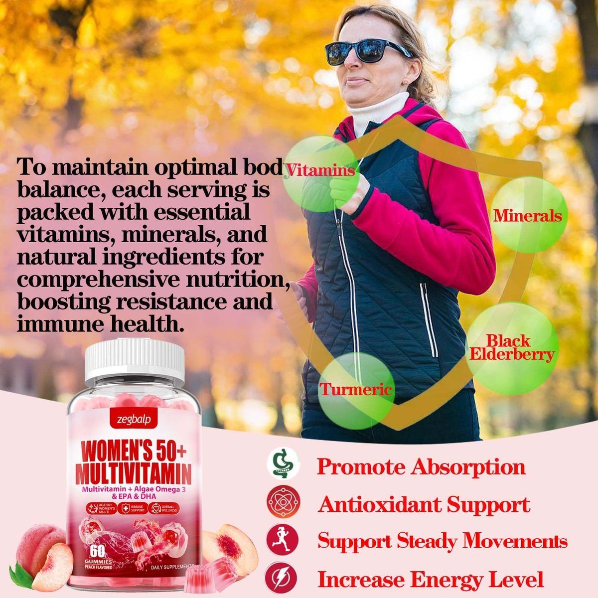 ZEGBALP Zuckerfreie Multivitamin Gummies für Frauen 50+ mit Calcium, Magnesium, Zink, Vitamin A, C, D3, E, K2, B-Komplex, Folsäure, Biotin – Haut, Energie, Immunsystem