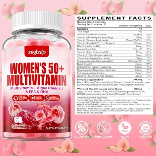 ZEGBALP Zuckerfreie Multivitamin Gummies für Frauen 50+ mit Calcium, Magnesium, Zink, Vitamin A, C, D3, E, K2, B-Komplex, Folsäure, Biotin – Haut, Energie, Immunsystem