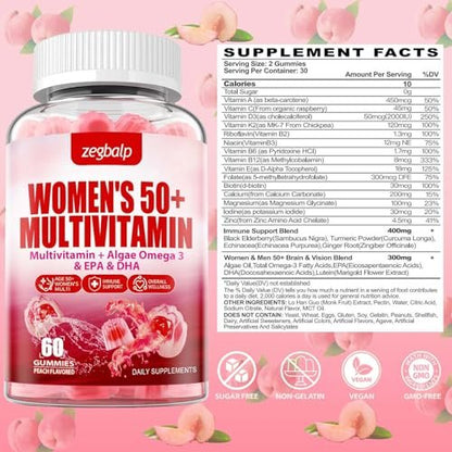 ZEGBALP Zuckerfreie Multivitamin Gummies für Frauen 50+ mit Calcium, Magnesium, Zink, Vitamin A, C, D3, E, K2, B-Komplex, Folsäure, Biotin – Haut, Energie, Immunsystem