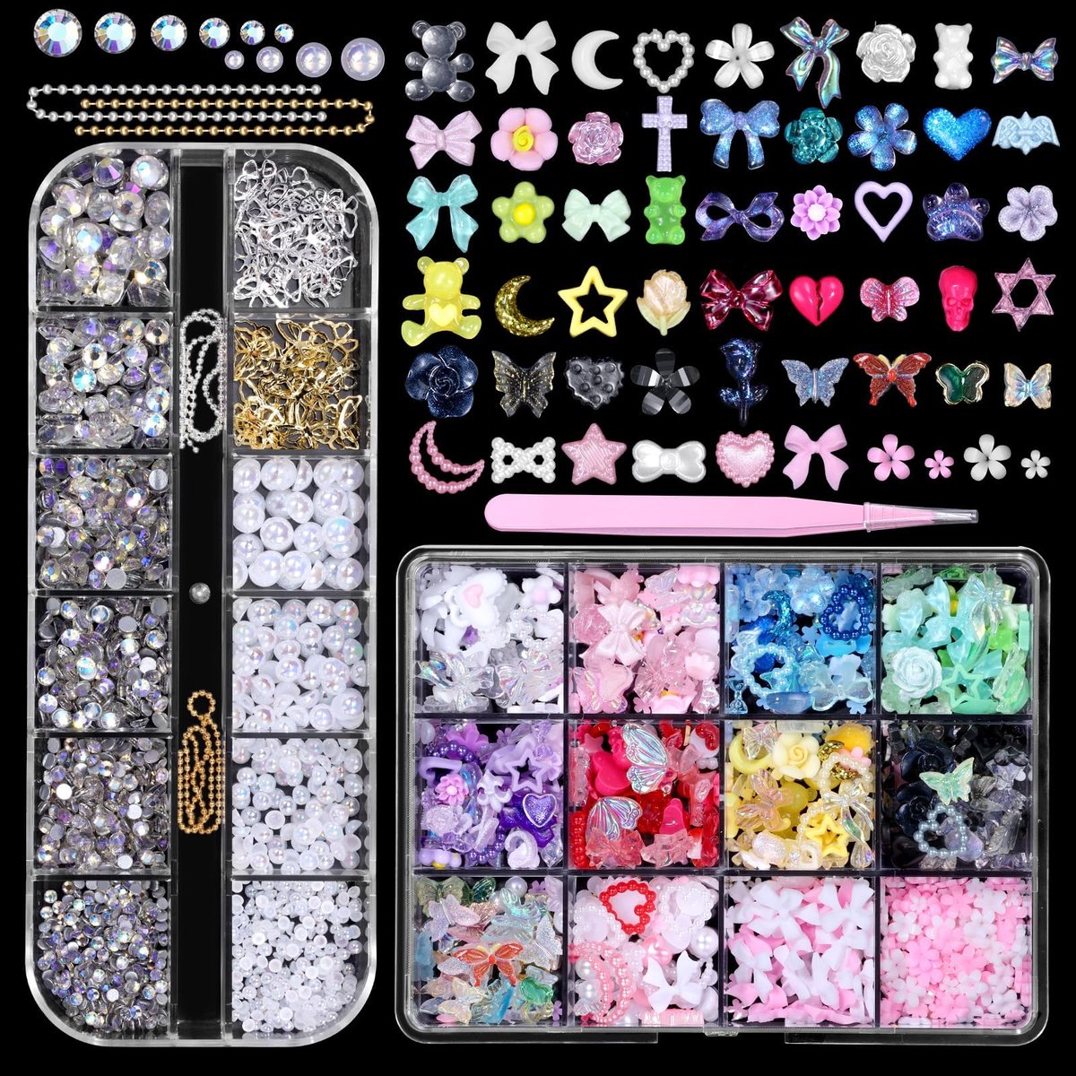 3D Nagelcharm-Set – Blumen, Schleifen, Monde, Herzen, Sterne & Schmetterlinge – Halbrunde Perlen & AB-Flatback-Steine – Harz-Nagelkunst-Zubehör für DIY-Designs