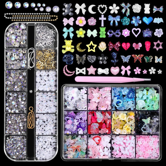3D Nagelcharm-Set – Blumen, Schleifen, Monde, Herzen, Sterne & Schmetterlinge – Halbrunde Perlen & AB-Flatback-Steine – Harz-Nagelkunst-Zubehör für DIY-Designs