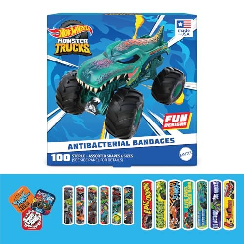 Hot Wheels Monster Trucks Antibakterielle Kinderpflaster, 3 verschiedene Größen, 100 Stück | Haften wie Aufkleber, flexible Wundpflaster für kleine Schnitte, Schrammen und Verbrennungen. Tolles Geschenk für Kinder