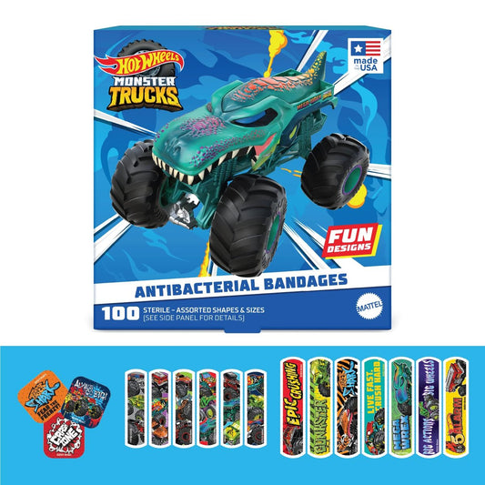 Hot Wheels Monster Trucks Antibakterielle Kinderpflaster, 3 verschiedene Größen, 100 Stück | Haften wie Aufkleber, flexible Wundpflaster für kleine Schnitte, Schrammen und Verbrennungen. Tolles Geschenk für Kinder