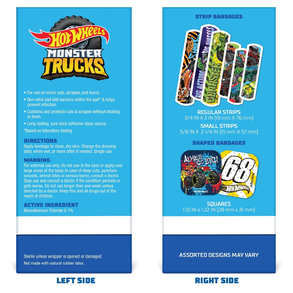 Hot Wheels Monster Trucks Antibakterielle Kinderpflaster, 3 verschiedene Größen, 100 Stück | Haften wie Aufkleber, flexible Wundpflaster für kleine Schnitte, Schrammen und Verbrennungen. Tolles Geschenk für Kinder