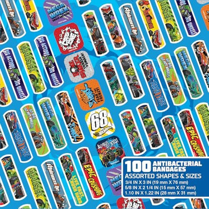 Hot Wheels Monster Trucks Antibakterielle Kinderpflaster, 3 verschiedene Größen, 100 Stück | Haften wie Aufkleber, flexible Wundpflaster für kleine Schnitte, Schrammen und Verbrennungen. Tolles Geschenk für Kinder