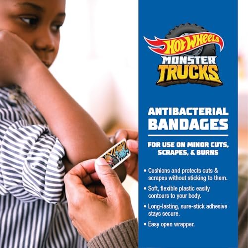 Hot Wheels Monster Trucks Antibakterielle Kinderpflaster, 3 verschiedene Größen, 100 Stück | Haften wie Aufkleber, flexible Wundpflaster für kleine Schnitte, Schrammen und Verbrennungen. Tolles Geschenk für Kinder