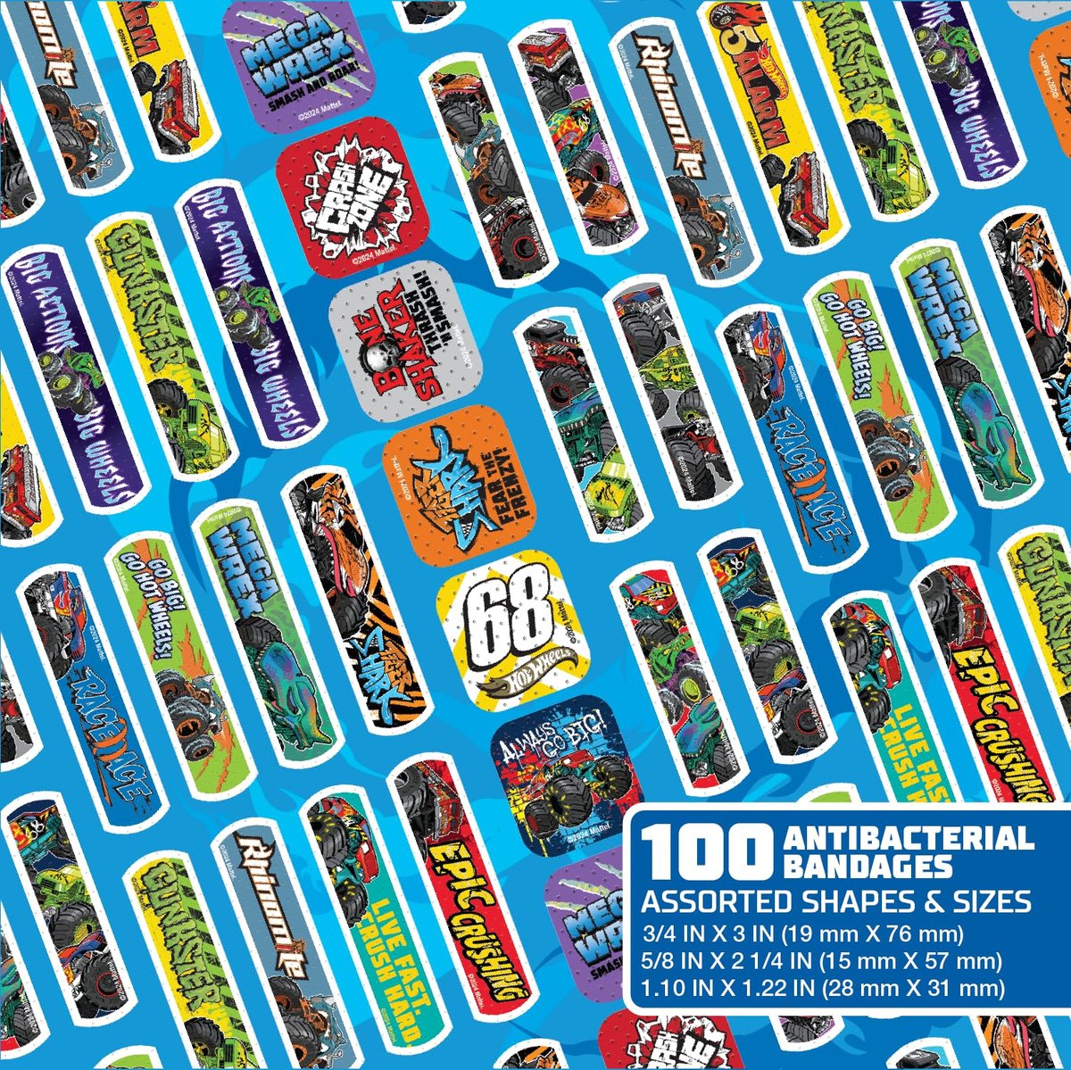 Hot Wheels Monster Trucks Antibakterielle Kinderpflaster, 3 verschiedene Größen, 100 Stück | Haften wie Aufkleber, flexible Wundpflaster für kleine Schnitte, Schrammen und Verbrennungen. Tolles Geschenk für Kinder
