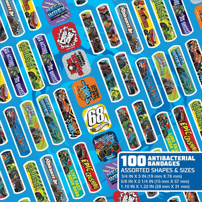 Hot Wheels Monster Trucks Antibakterielle Kinderpflaster, 3 verschiedene Größen, 100 Stück | Haften wie Aufkleber, flexible Wundpflaster für kleine Schnitte, Schrammen und Verbrennungen. Tolles Geschenk für Kinder