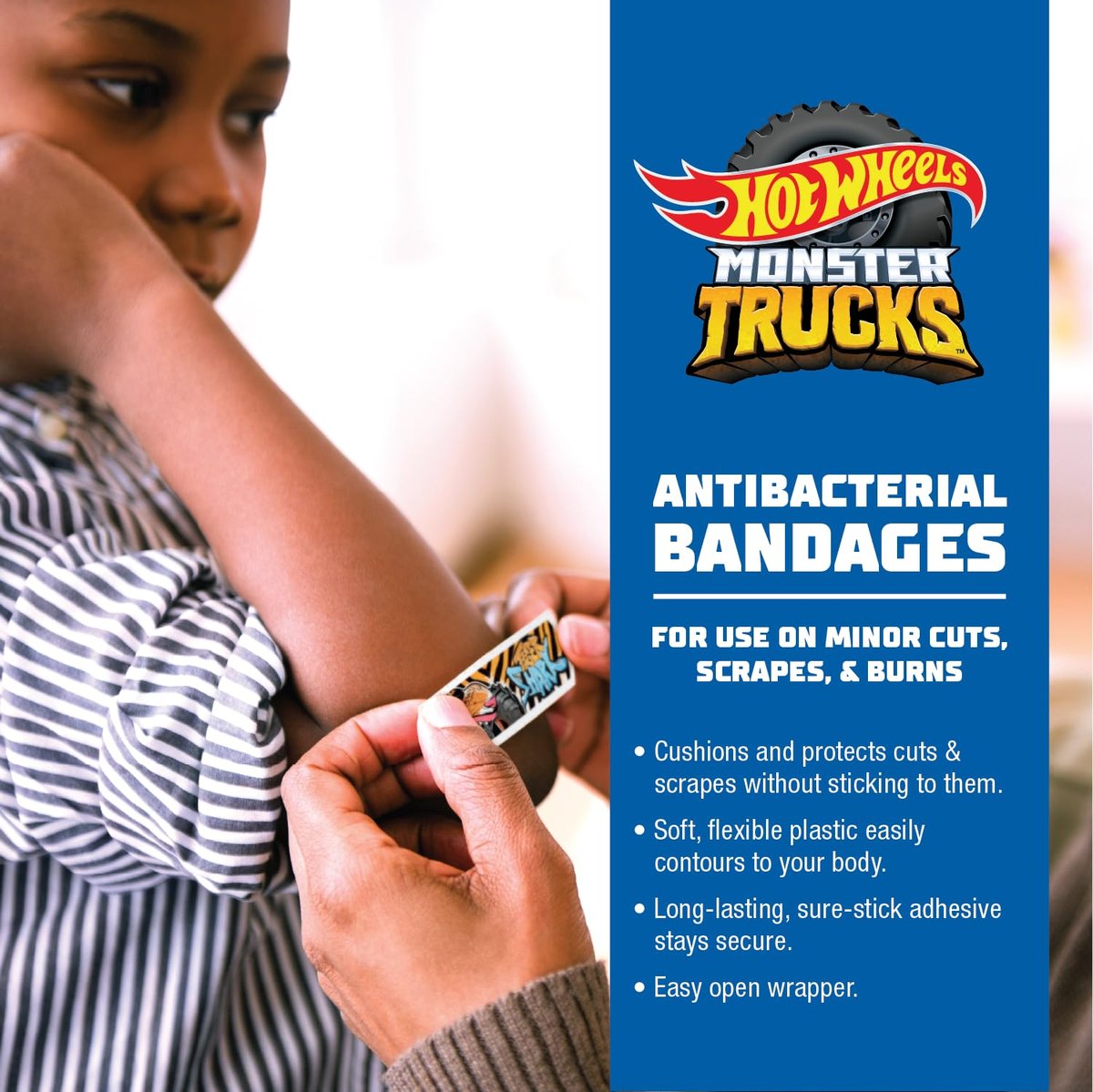 Hot Wheels Monster Trucks Antibakterielle Kinderpflaster, 3 verschiedene Größen, 100 Stück | Haften wie Aufkleber, flexible Wundpflaster für kleine Schnitte, Schrammen und Verbrennungen. Tolles Geschenk für Kinder