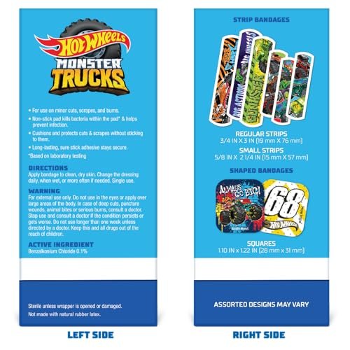 Hot Wheels Monster Trucks Antibakterielle Kinderpflaster, 3 verschiedene Größen, 100 Stück | Haften wie Aufkleber, flexible Wundpflaster für kleine Schnitte, Schrammen und Verbrennungen. Tolles Geschenk für Kinder