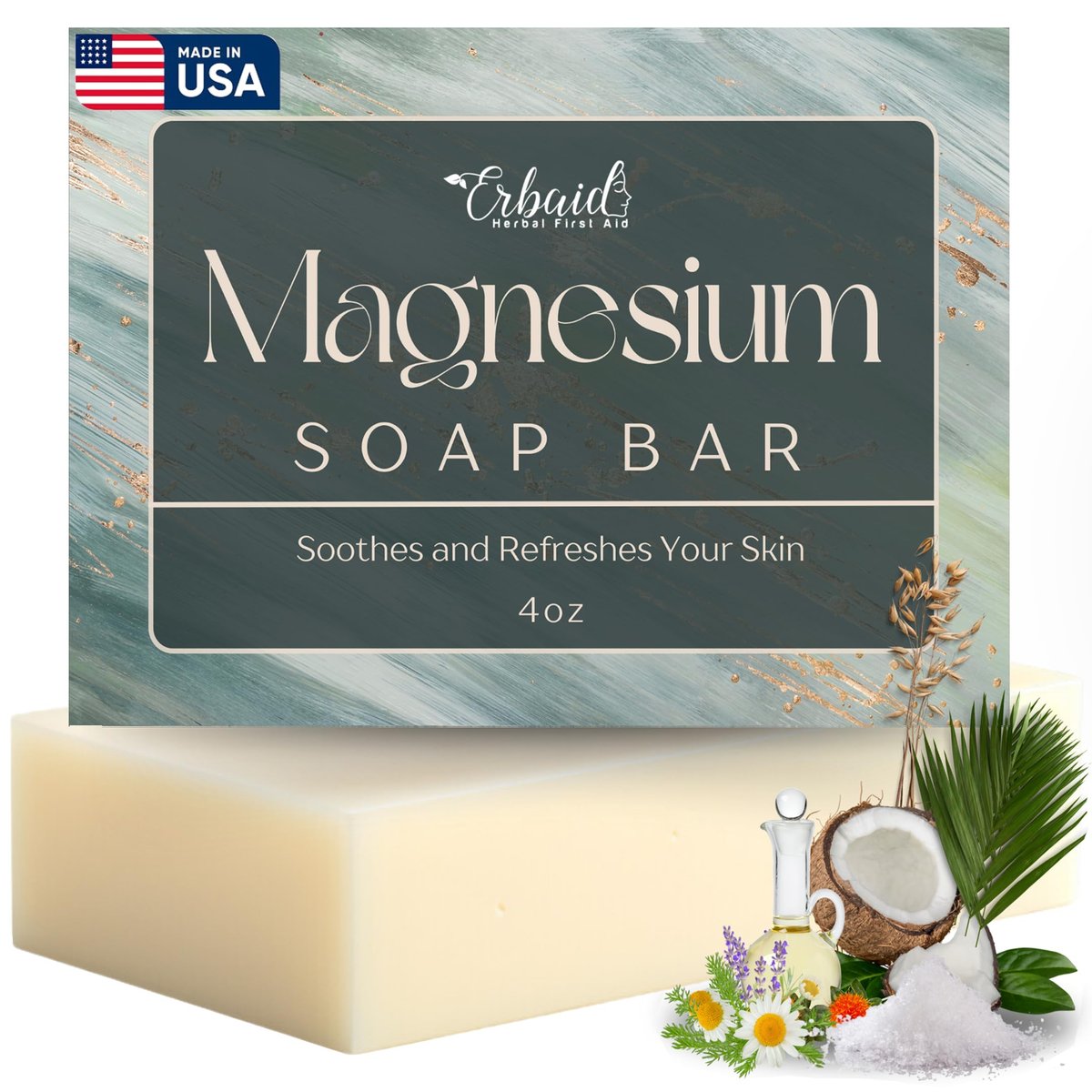 Erbaid Dead Sea Magnesium Seife – Tiefenreinigende, feuchtigkeitsspendende Körperseife für trockene, juckende und alle Hauttypen – Duschseife beruhigt Muskeln und Gelenke – Natürliches Peeling-Gesichts- und Körperwaschmittel, hergestellt in den USA