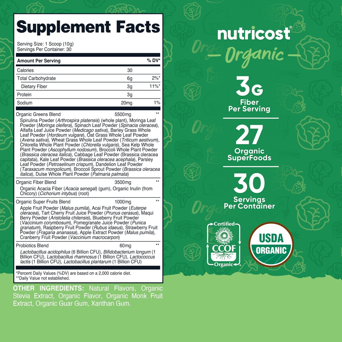 Nutricost Bio Super Greens Pulver (30 Portionen) - Superfood-Getränkemischung (30 Portionen, ohne Geschmack)