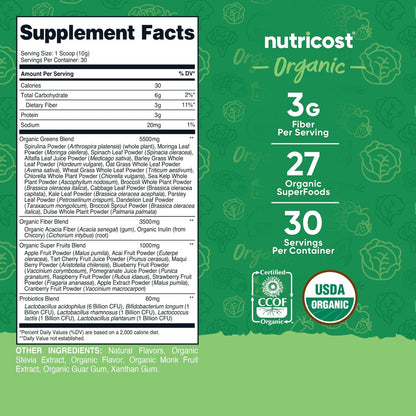 Nutricost Bio Super Greens Pulver (30 Portionen) - Superfood-Getränkemischung (30 Portionen, ohne Geschmack)
