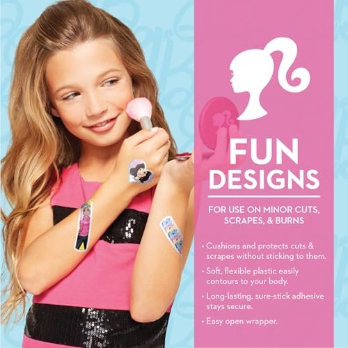 Barbie Antibakterielle Kinderpflaster, 3 verschiedene Größen, 100 Stück | Haften wie Aufkleber, flexible Klebepflaster für kleine Schnitte, Schrammen und Verbrennungen