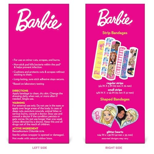 Barbie Antibakterielle Kinderpflaster, 3 verschiedene Größen, 100 Stück | Haften wie Aufkleber, flexible Klebepflaster für kleine Schnitte, Schrammen und Verbrennungen