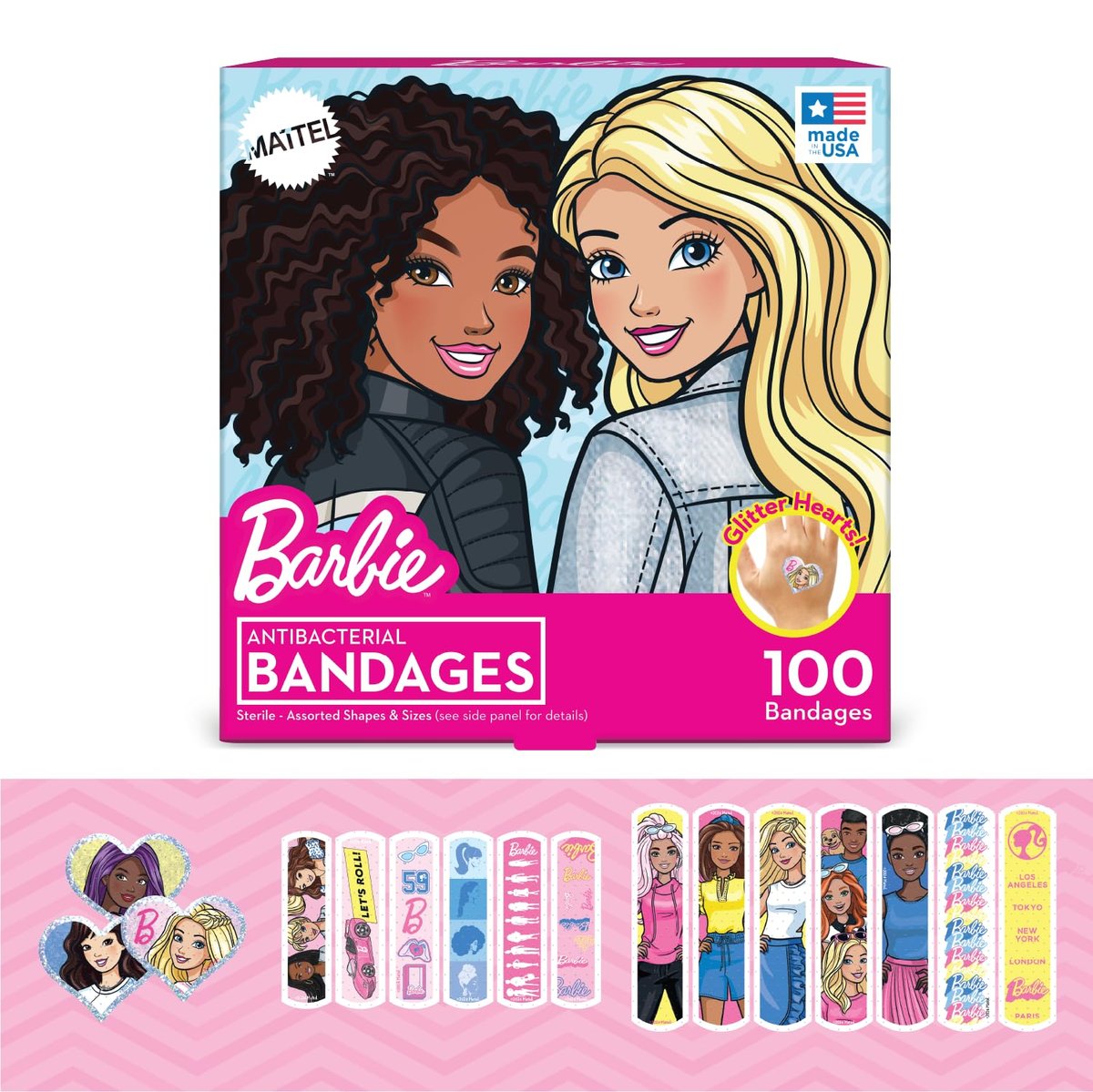 Barbie Antibakterielle Kinderpflaster, 3 verschiedene Größen, 100 Stück | Haften wie Aufkleber, flexible Klebepflaster für kleine Schnitte, Schrammen und Verbrennungen