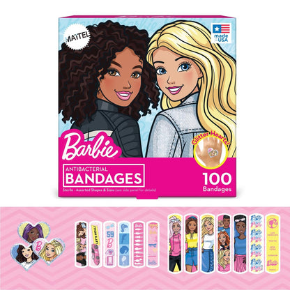 Barbie Antibakterielle Kinderpflaster, 3 verschiedene Größen, 100 Stück | Haften wie Aufkleber, flexible Klebepflaster für kleine Schnitte, Schrammen und Verbrennungen